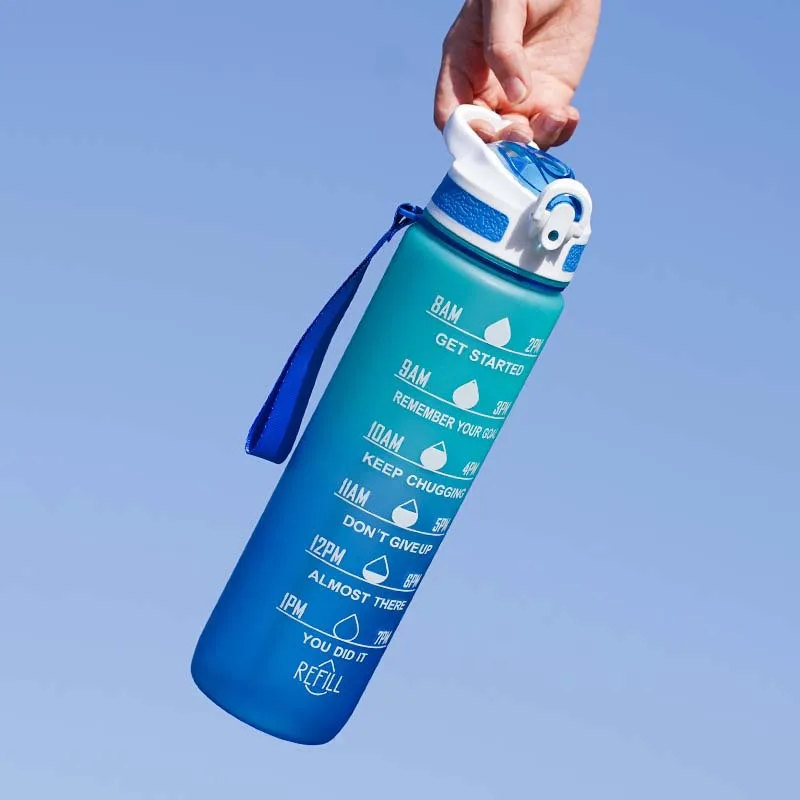 1L 32 oz Straw Strainer Filter Gym Fitness Sports BPA Free Tritan Motivational Water Bottle With Time Marker