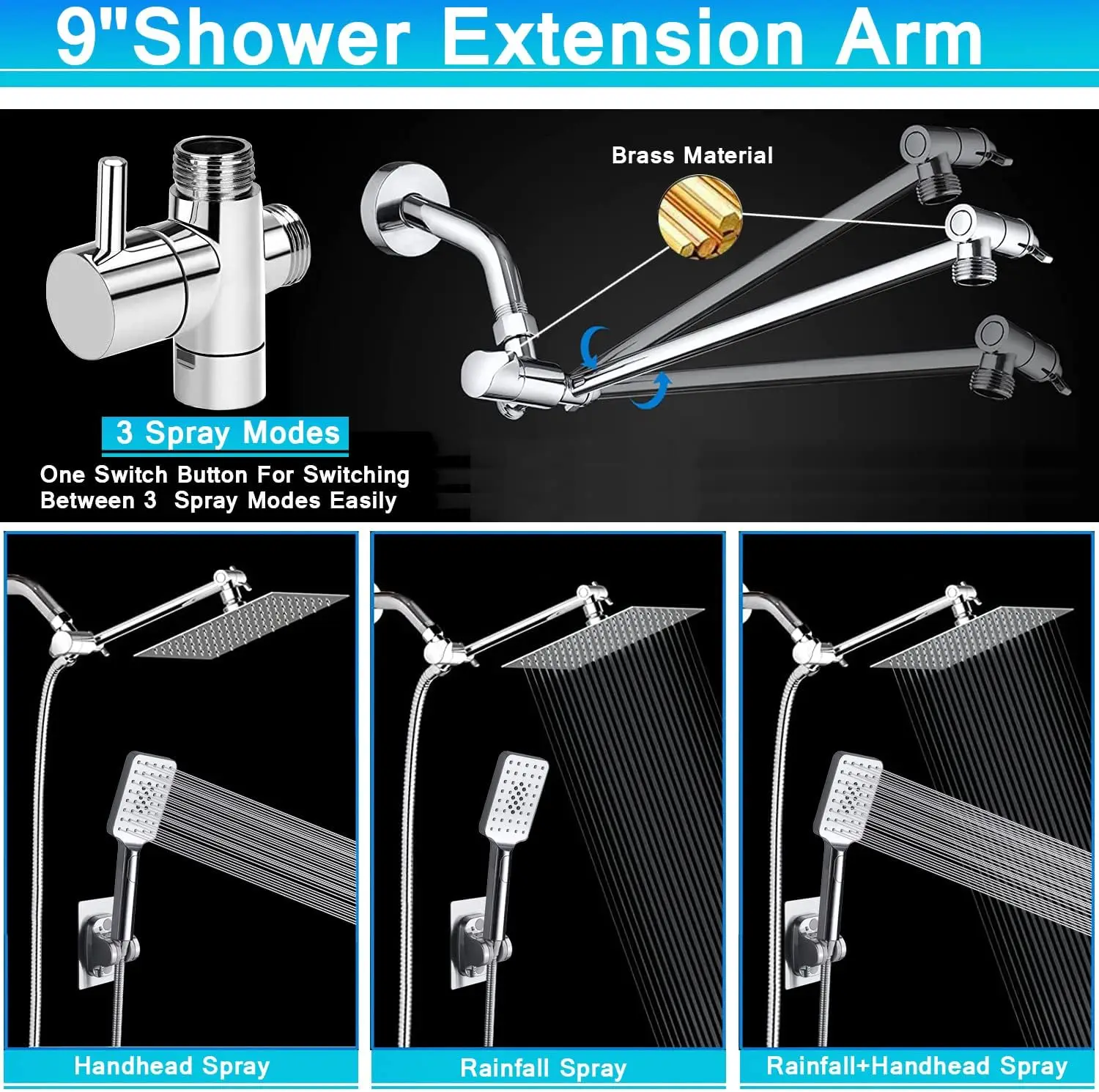 Adjustable 78-Inch Long Stainless Steel Bath Shower Faucets 8-Inch High Pressure Rain Shower Head 9-Inch Massage Brushed Jet