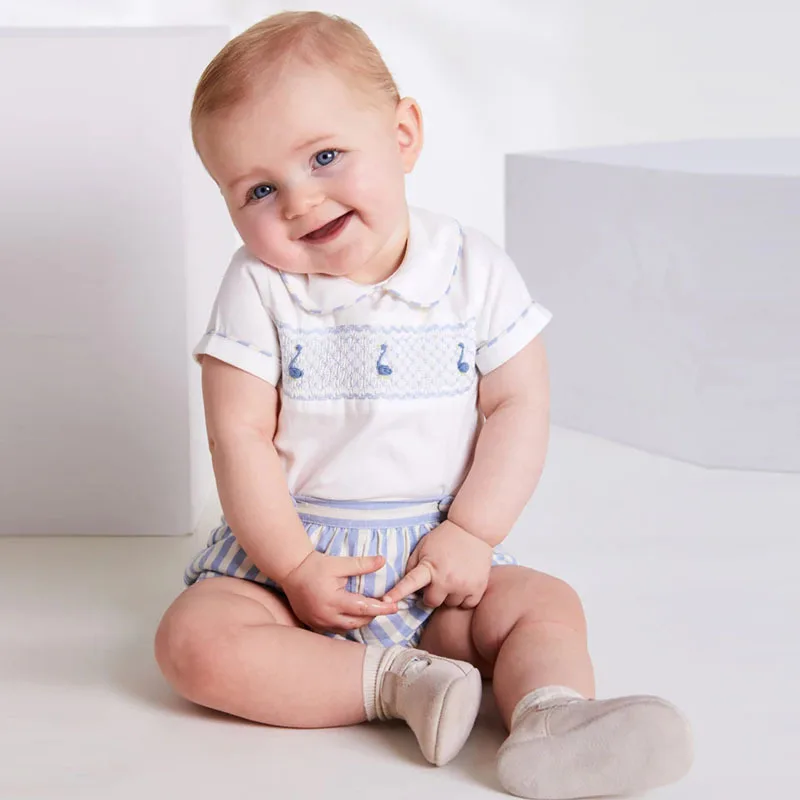 Baby Boy Spanish Kids Clothes Set Children Hand Made Summer White Embroidery Shirt Peter Pan Collar Smocked Clothing Suit
