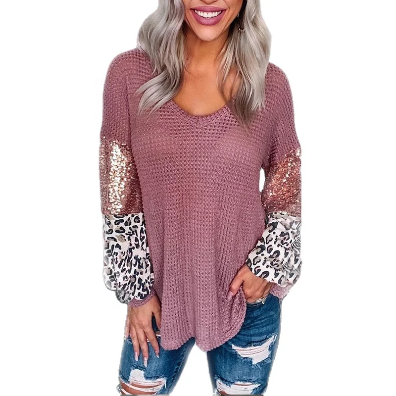 
Wholesale Monogram 2021 Waffle Patchwork Sequin Sleeve Ladies Top,Sequin Leopard Sleeve Women Sweater 