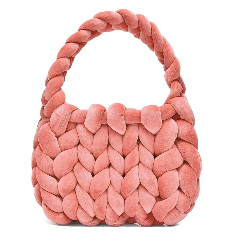 trendy woman ladies hand woven velvet tote bag handbags with different colors clutch