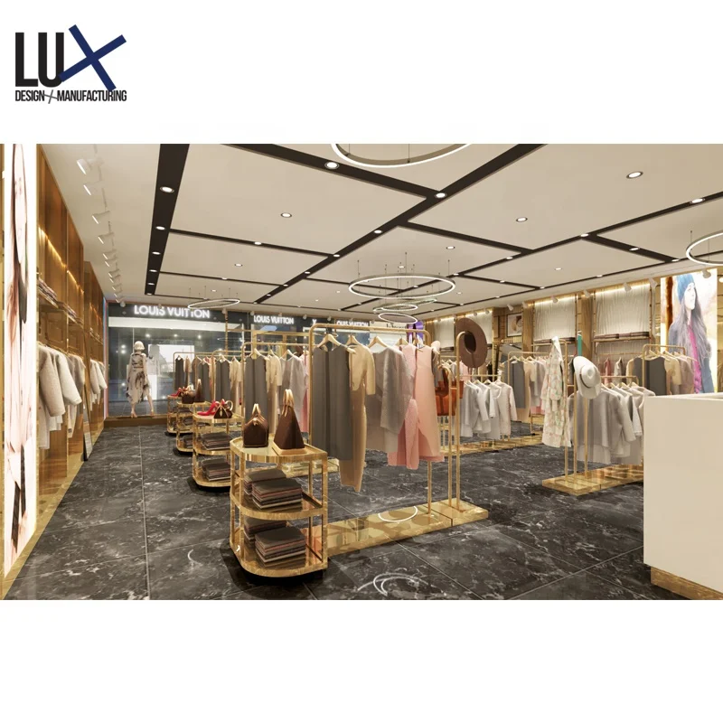 Золотой простой Индивидуальный Женский магазин одежды, интерьерный дизайн, мебель, дисплей для розничного магазина
