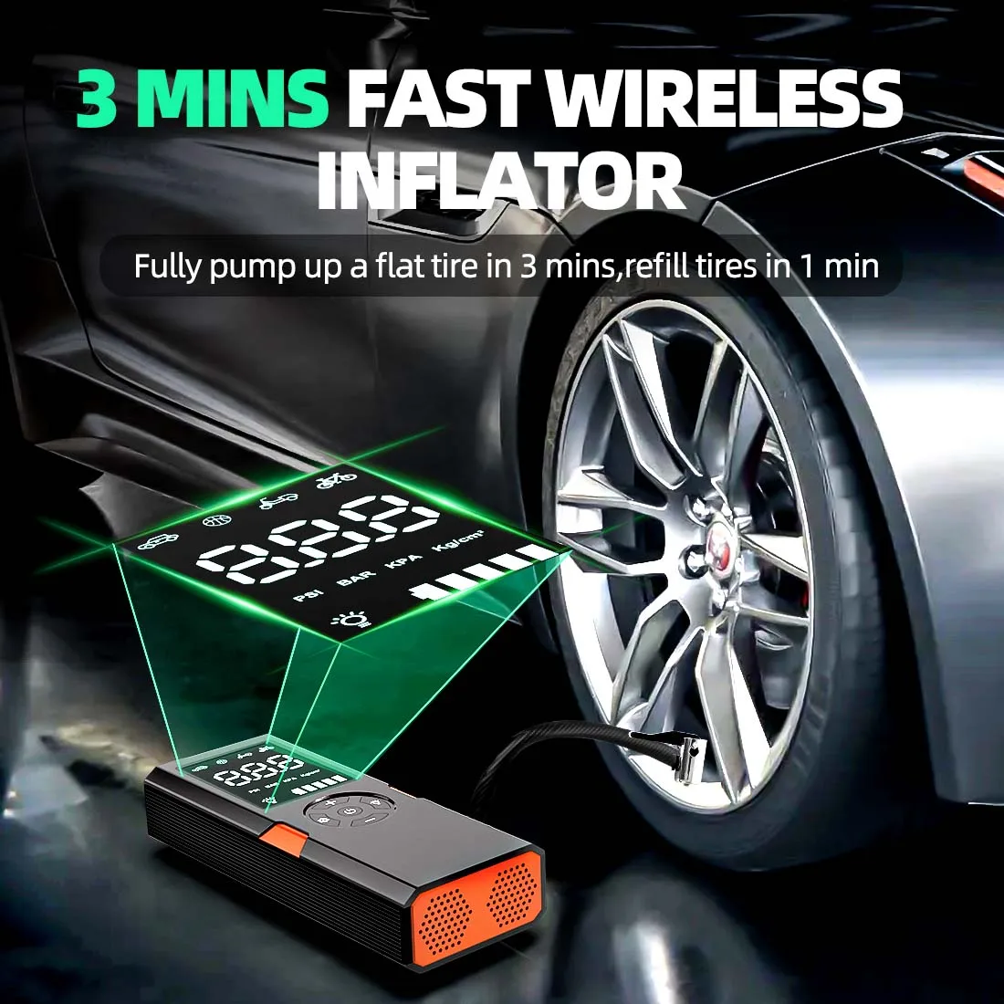 US Stocked Portable Tire Inflator Pump Wireless T-type 19 cylinder movement USB LED light Lithium Battery 3.7V 12000mah 44.4Wh