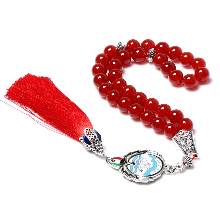 Allah & Muhammad Engraved Natural Red Agate Stone Rosary Islamic Muslim Prayer Beads Tasbih