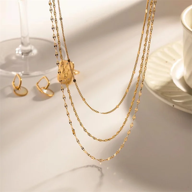Vintage all-in-one stainless steel multilayer necklace plated in 18k gold does not fade necklace for women