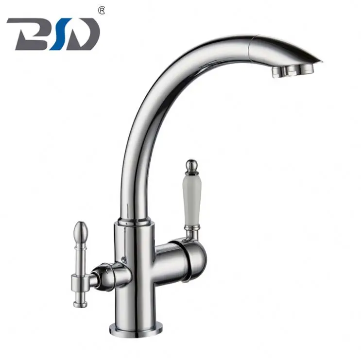 High Quality Brass Long Neck 3 Way Brushed Nickel Tri-flow Kitchen Faucet