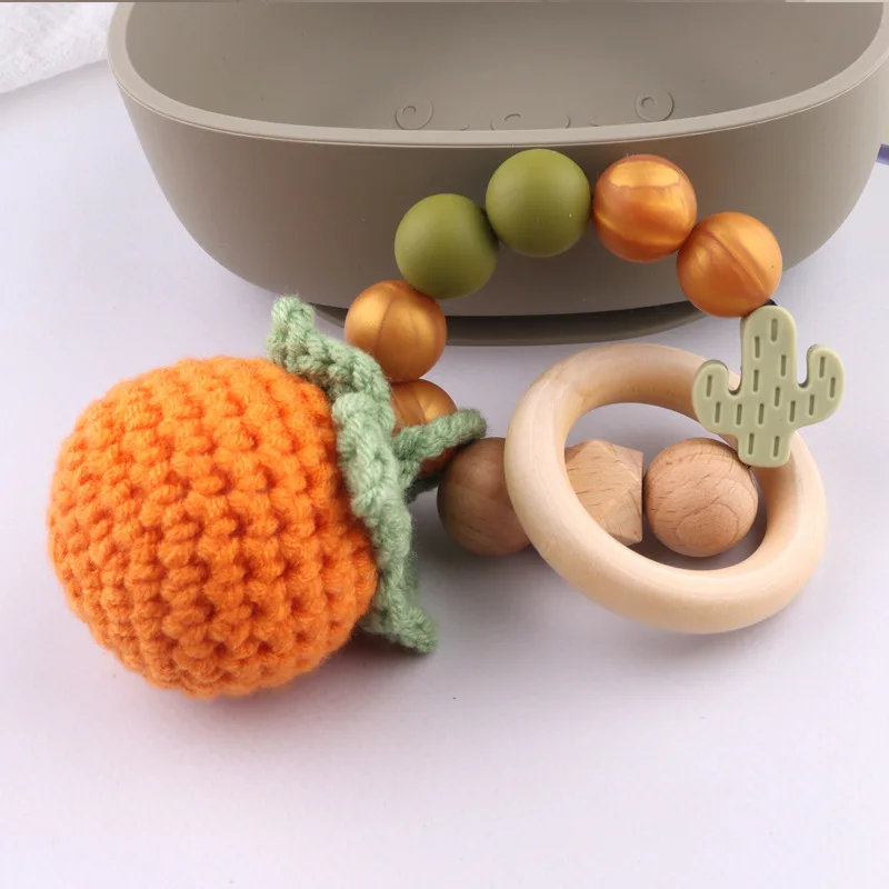 Ins hot sale ready to ship natural handmade knitting wooden crochet baby  lovely fruit Crop cotton wrist teether rattle toy