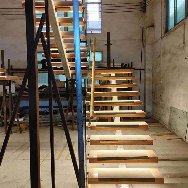 Manufacturer Supply Metal Outdoor Wrought Iron Railing Handrail Stair Oak Wood Tread And Riser Indoor Mono Stringer Staircase