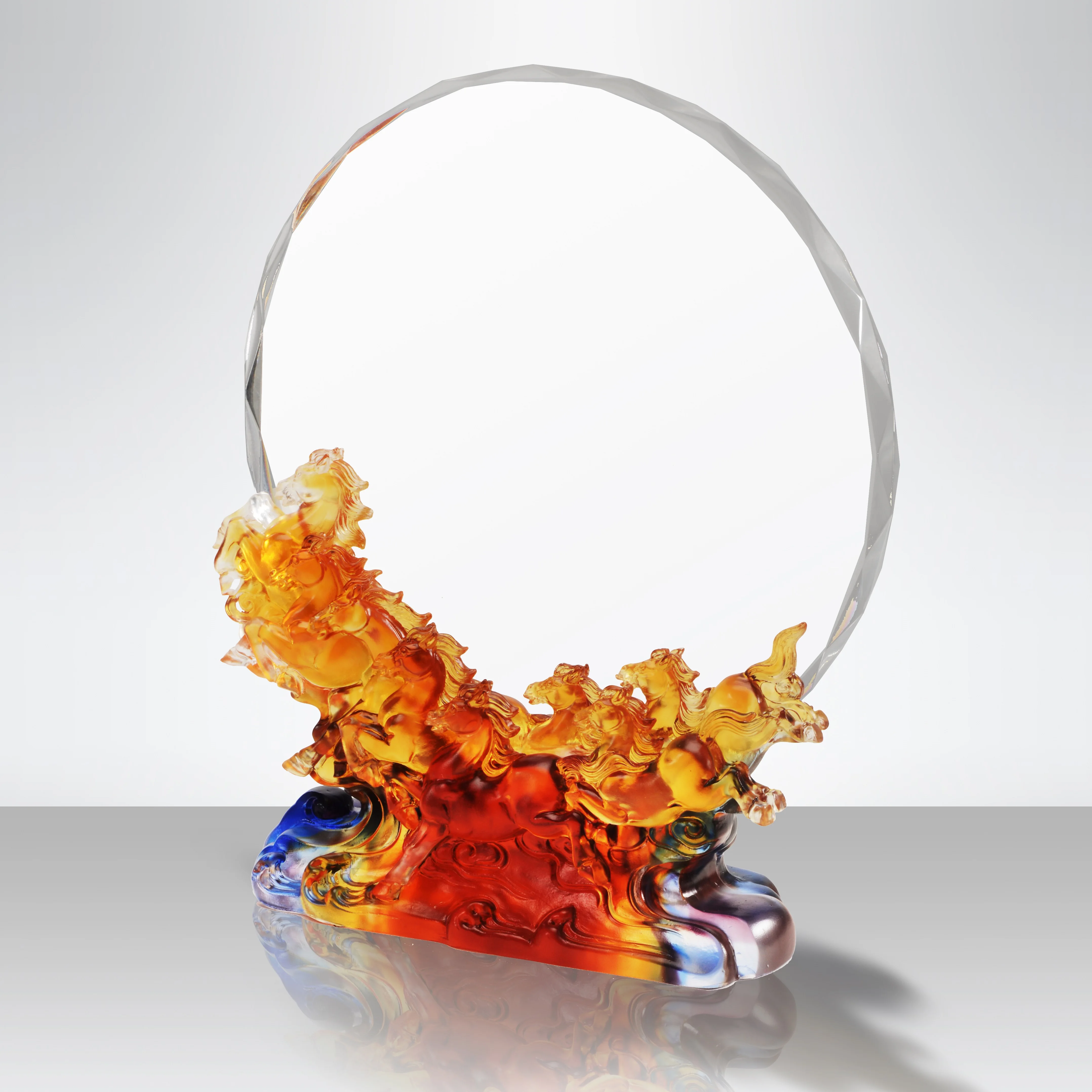 Brand New High Quality Eight Horses 3D Laser Engrving Round Plaque Crystal Trophy Creative Crystal Trophy