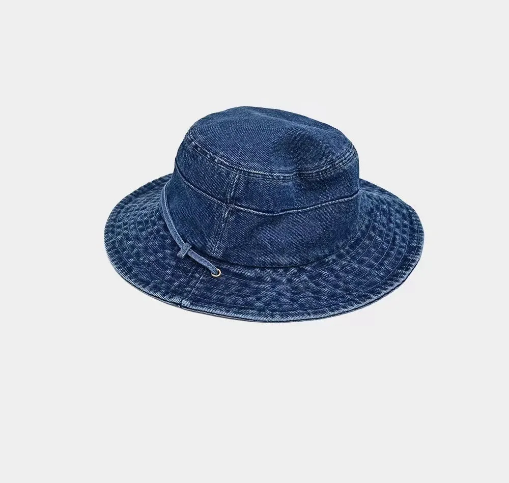 Packable Outdoor Travel Sun Hats Wide Brim Outlet Washed Cotton Blue Jeans Denim Bucket Hat with String