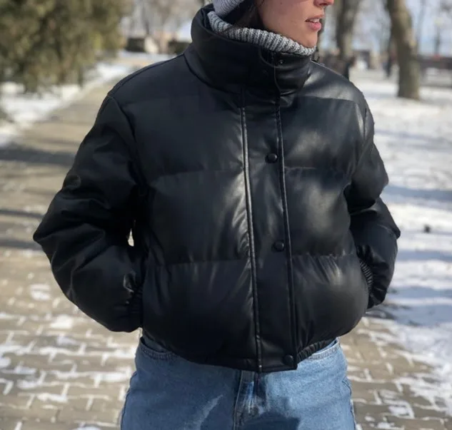 Wholesale Winter PU Leather Puffer Jacket Short Thick Coat Single Breasted Fill Cotton Jackets For Women