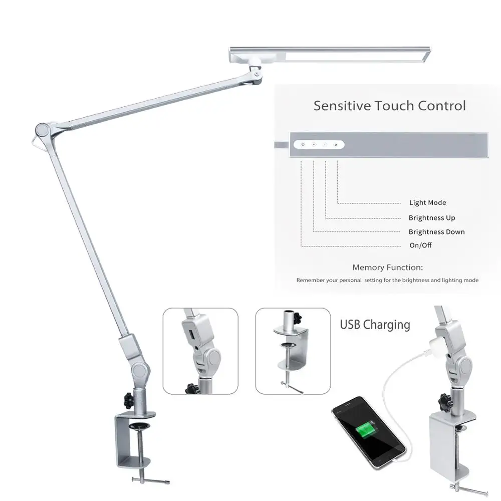 Wholesale Adjustable swing arm desk lamp aluminum Architect furniture clamp office lamp with USB Modern Design