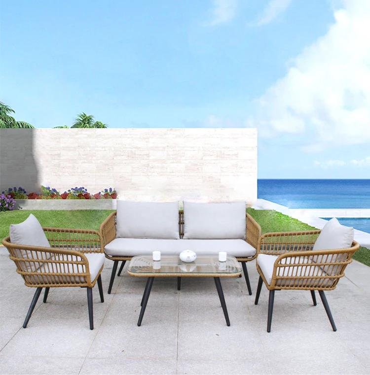 4 Pieces Rattan Outdoor Patio Chairs with Coffee Table&Cushions, All-Weather Rattan Outdoor Sofa, Outdoor Rattan Sofa Set
