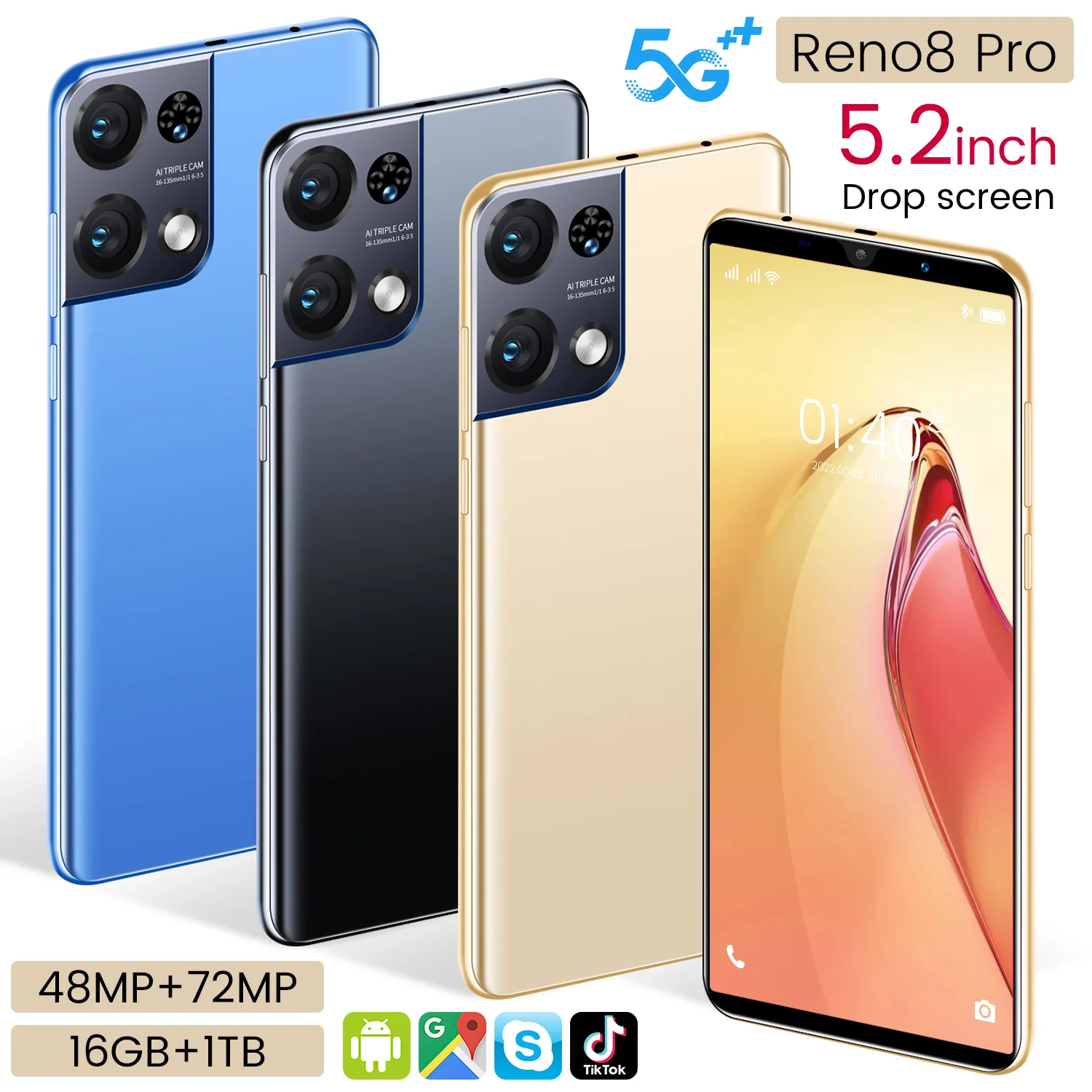 2023 New smartphone Reno8 Pro 5.2 inch 16GB+1TB dual sim Android12 48MP+72MP 5G smartphone mobile phone