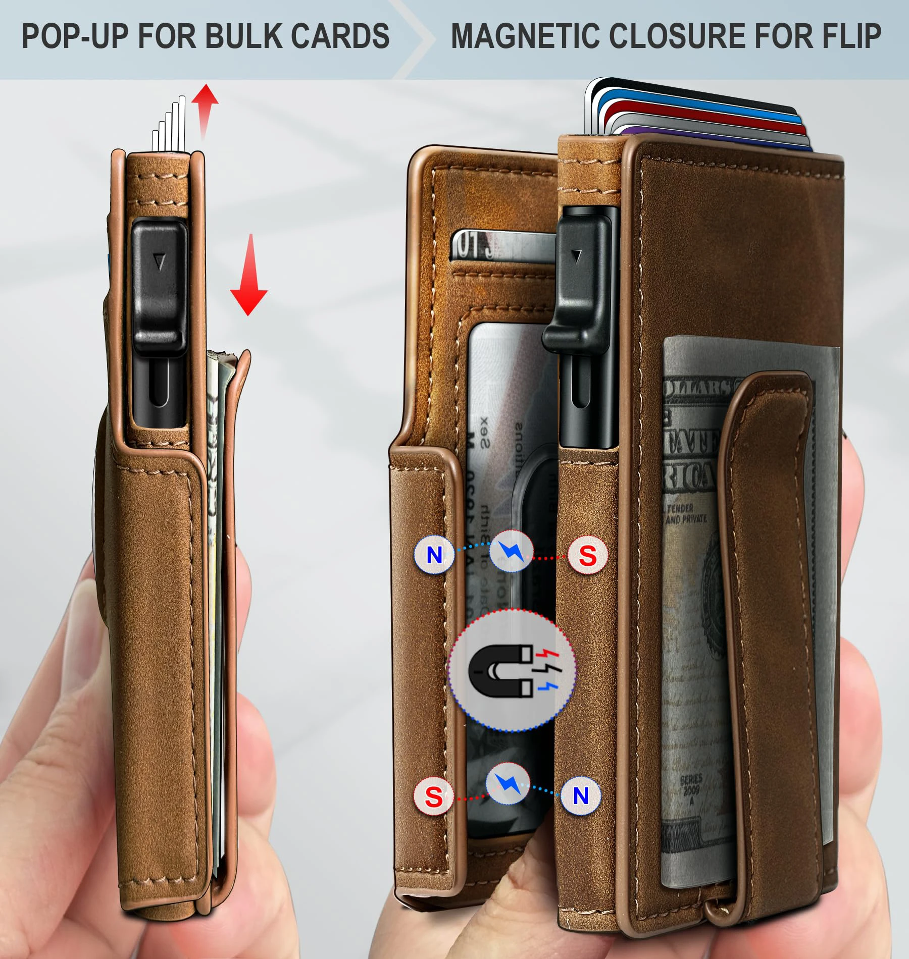 RFID Blocking Pop Up Metal Aluminum Card Box Wallet With Air Tag Slot Magnetic Front Pocket Genuine Leather Cardholders Wallet