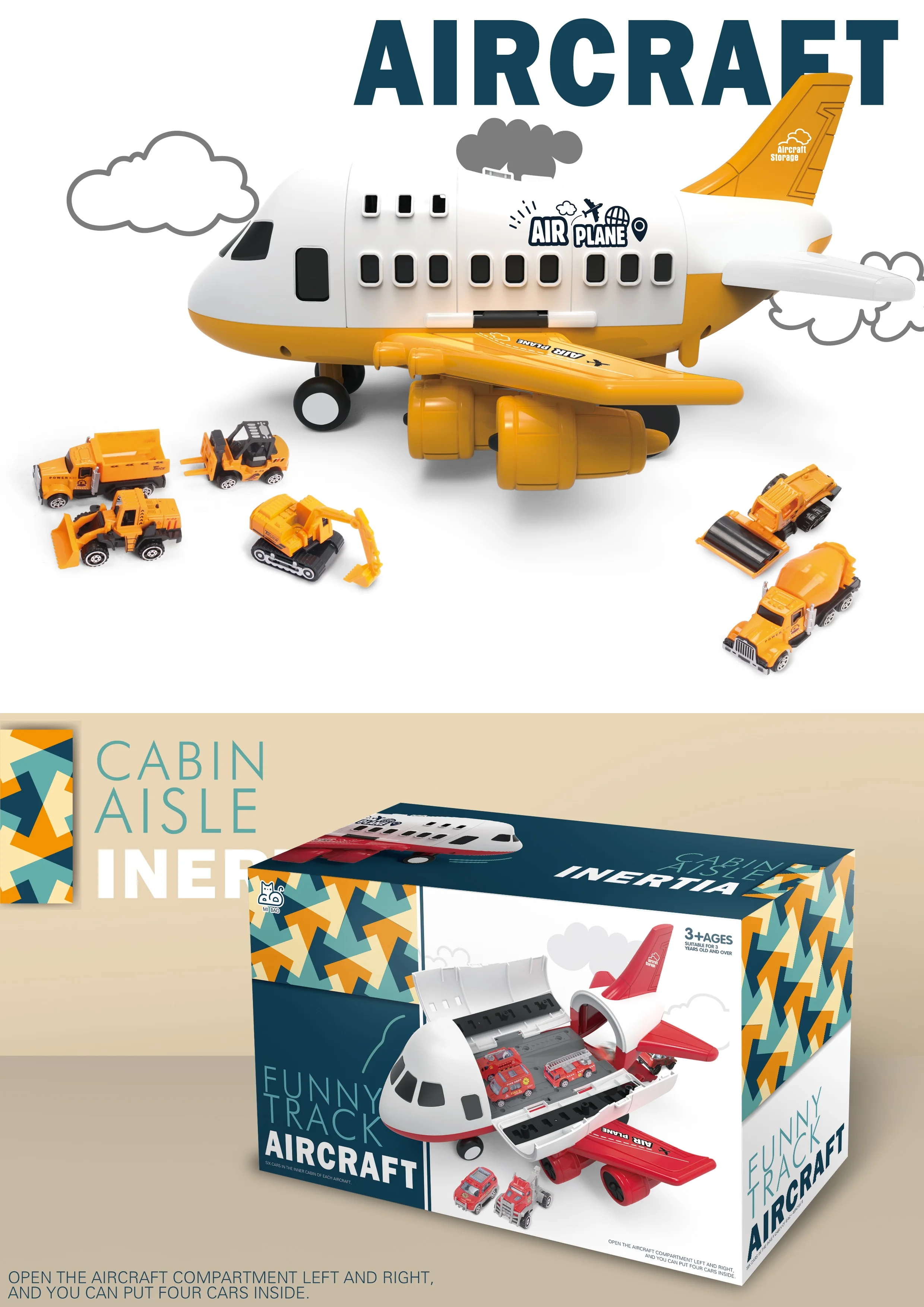 Customizable Multi-functional Educational Airplane Model Plastic Containable Cargo Toy Plane With 6 PCS Small Alloy Toy Cars