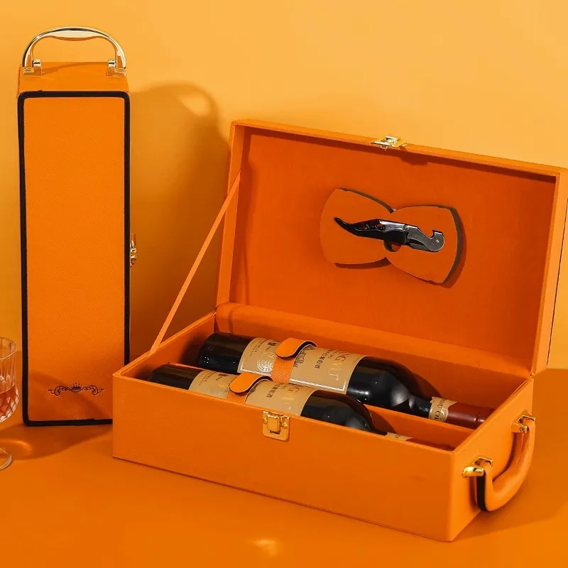 Luxury Custom LOGO Red Wine Portable Packaging Gift Box Leather New Wine Box With Handle Gift Wine Wood Box Portable