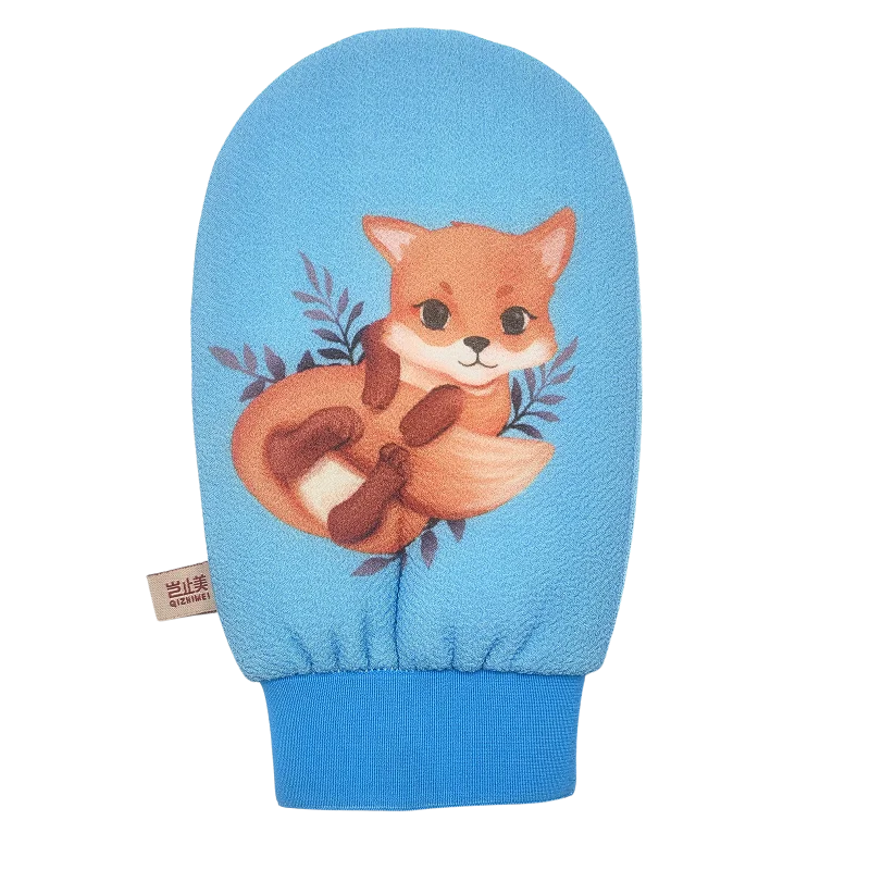 Wholesale Cute Fox Printing Bath Body Gloves Exfoliating Shower Gloves