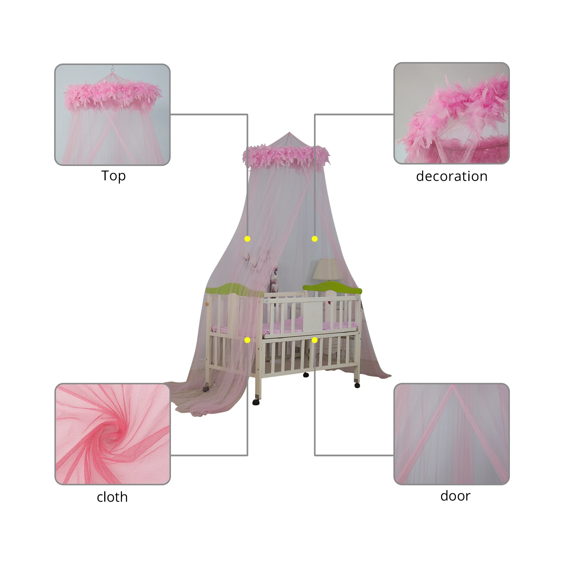 Indoor pink feather decoration children mosquito net bed canopy bedroom baby crib bed tent