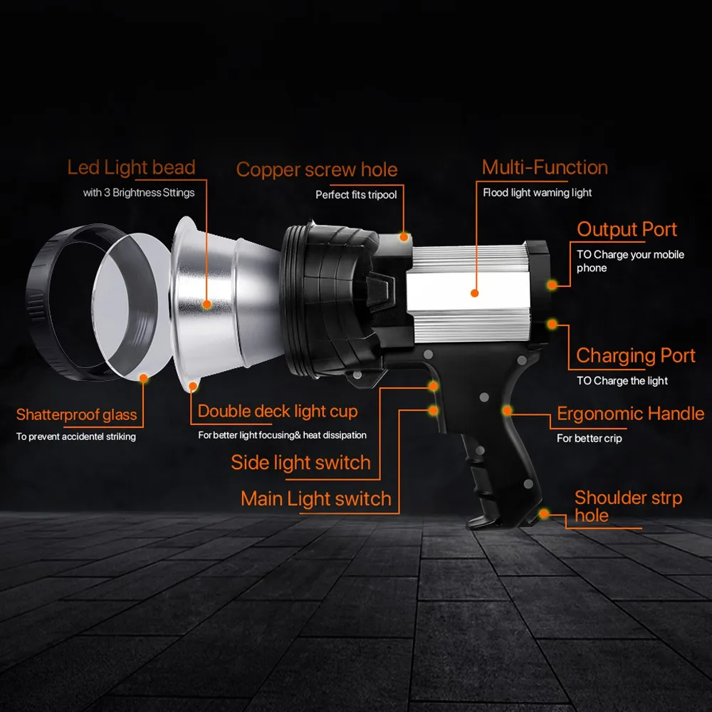 Rechargeable Spotlight,LED Flashlight Super Bright 12000mAh Long Lasting Searchlight Outdoor Waterproof Camping Flashlight