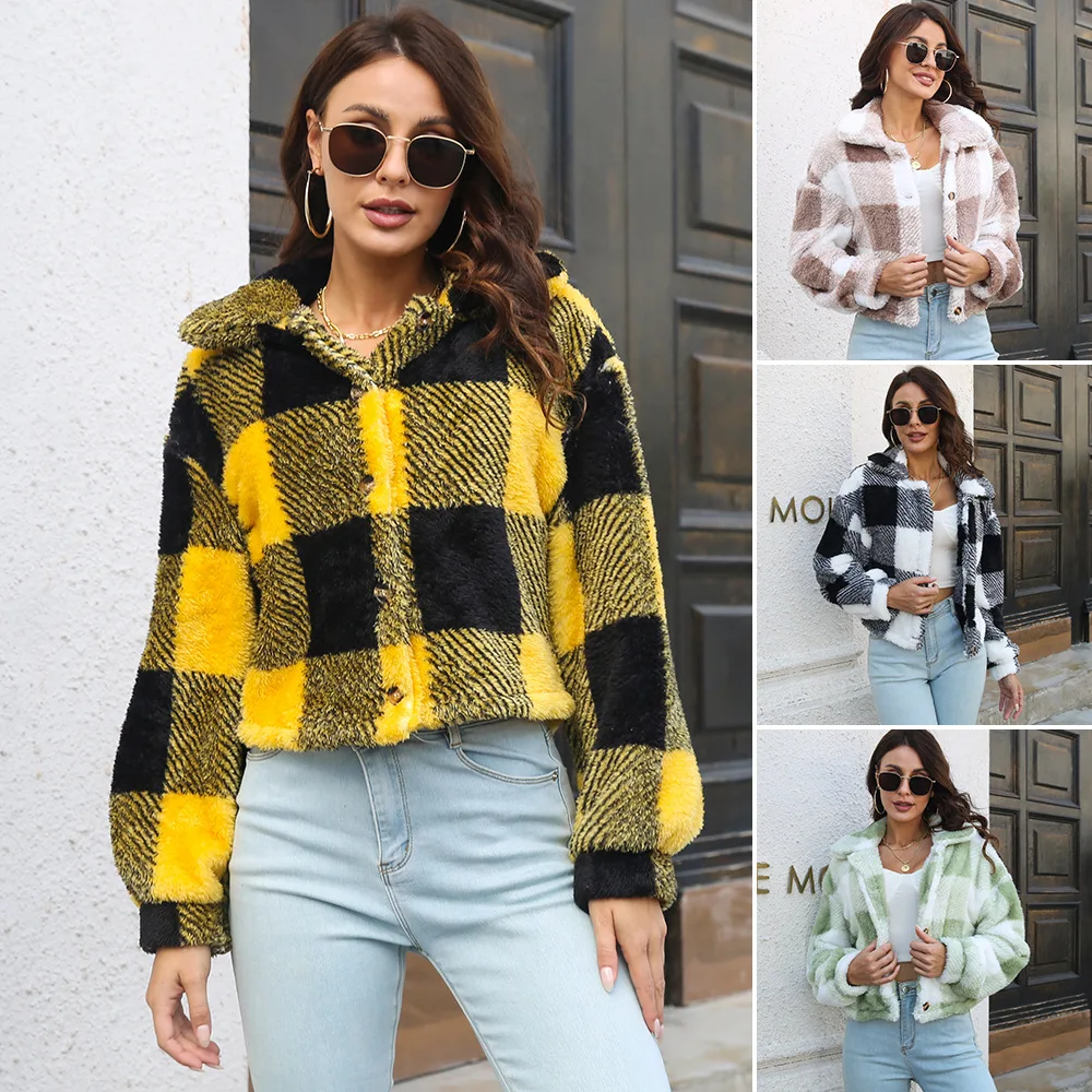 New Arrived Autumn Winter Coat Loose Plaid Long Sleeve Button Short Winter Women Plaid Fleece Jacket