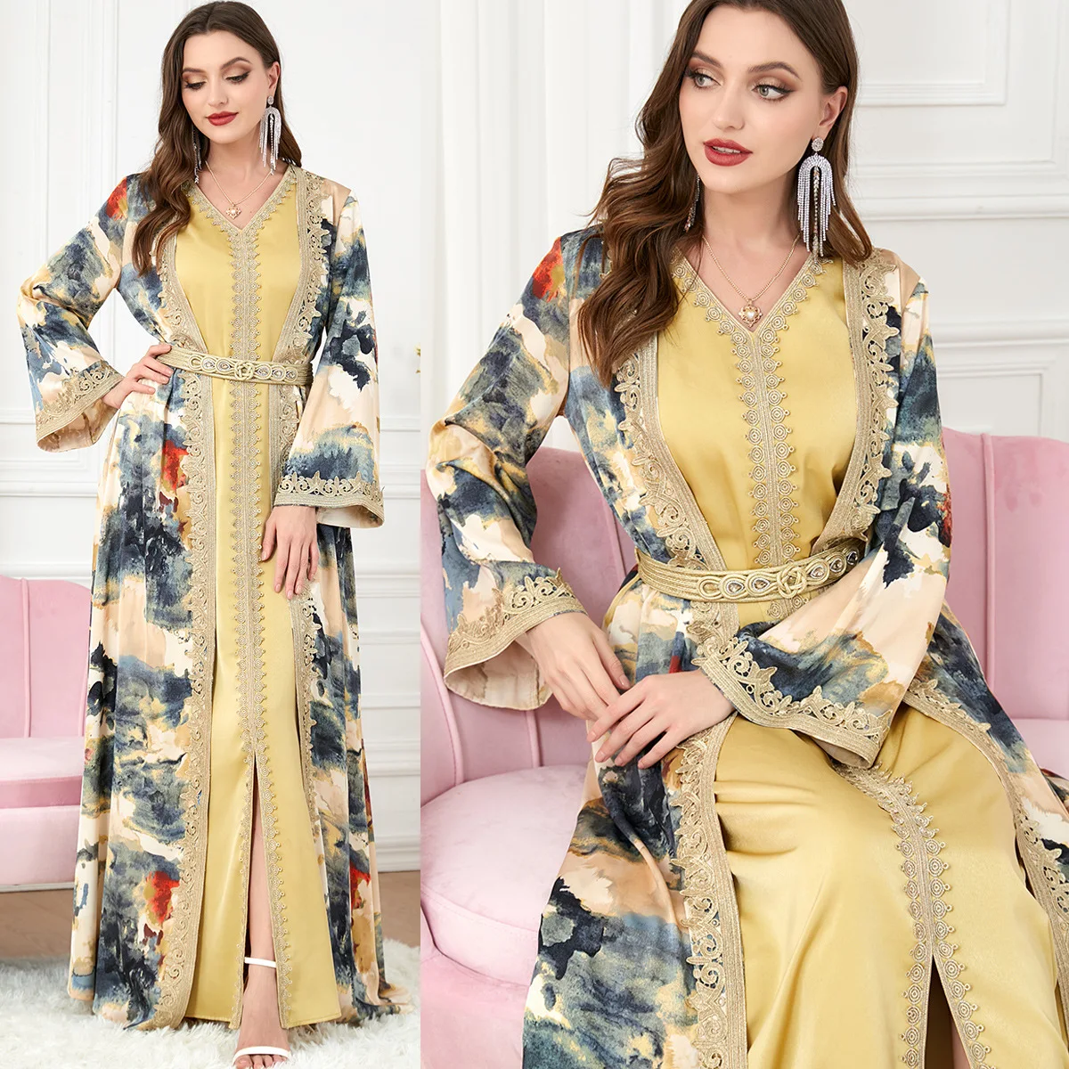 CH3218 Arabic Dress Dubai For Women Moroccan Caftans Dresses Ethnic Middle East Muslim Two Pieces Set Dress