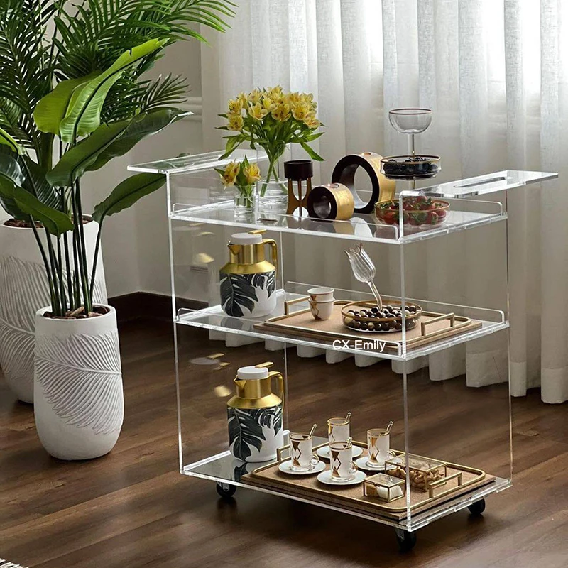 High Quality Clear 3-Tier Lucite Rolling Drinks Trolley Acrylic Bar Cart For Hotel Serving