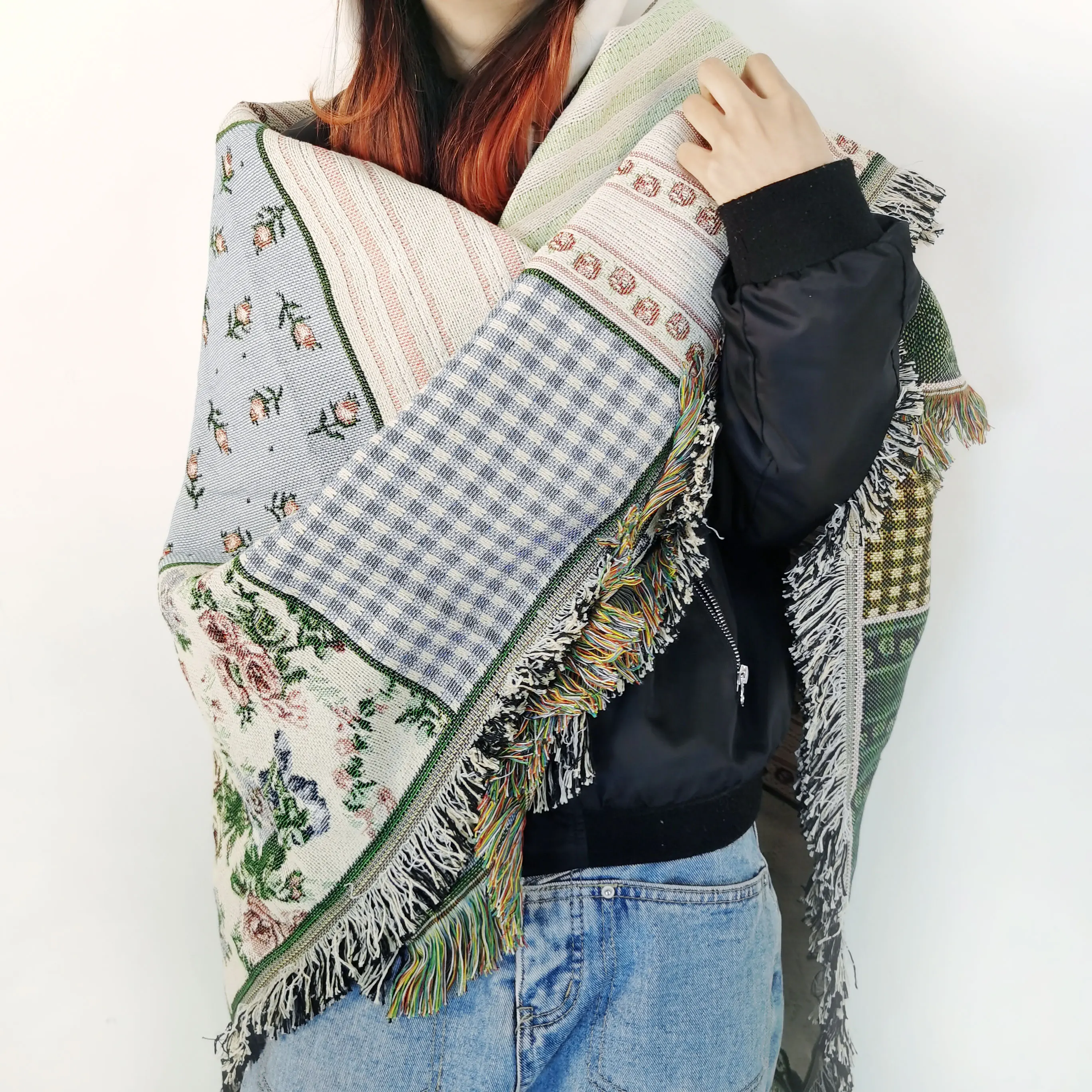 Rawhouse original design custom jacquard woven rugs with tassels tapestry throw blanket