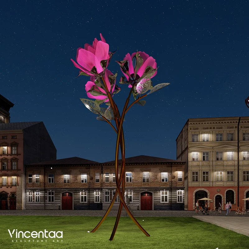 Vincentaa 2022 Creative Design City Public Area Large Art Sculpture Hollow Stainless Dteel Metal Colorful Rose Sculpture
