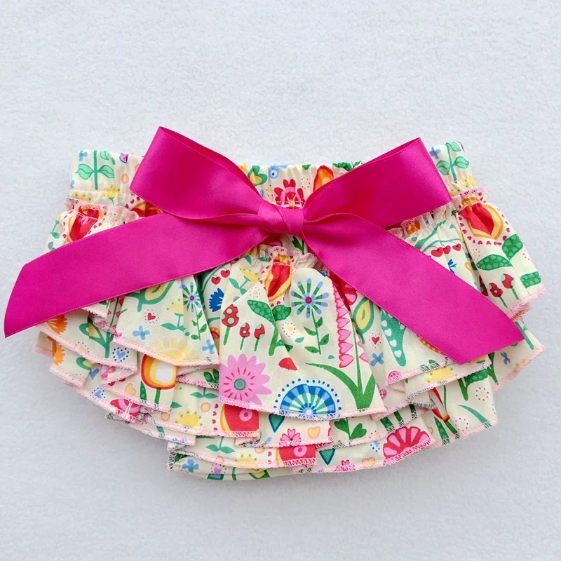 Custom no elastic 100% cotton print baby girl floral ruffle cute bloomers and bow headband set