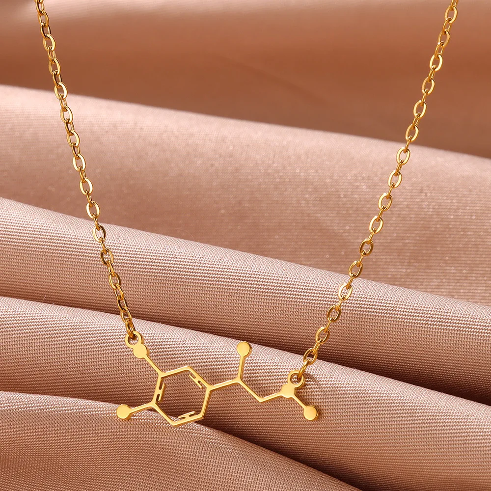 Geometric Hexagonal Chemical Molecular Pattern Pendant Necklace Stainless Steel Gold Necklace for Women Girls Hainon 1814