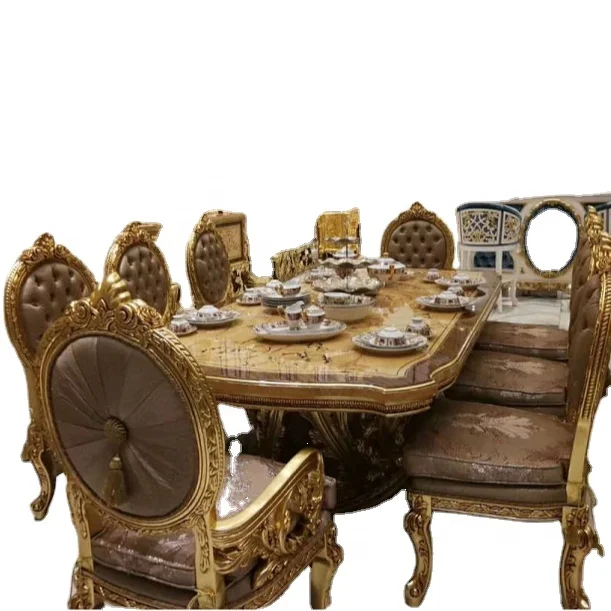 
European antique Italian classical wooden carved-flower dinning room set furniture royal dinning table and chairs 