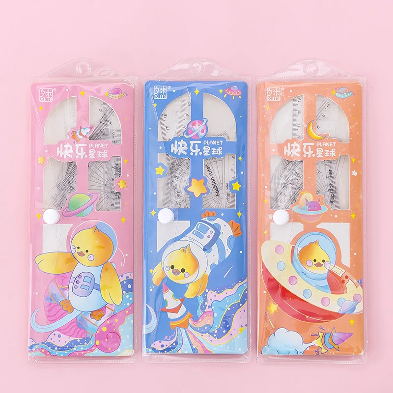 New item Kids school student stationery set cartoon bag packed drawing compass Schoolchildren ruler set 4 pcs