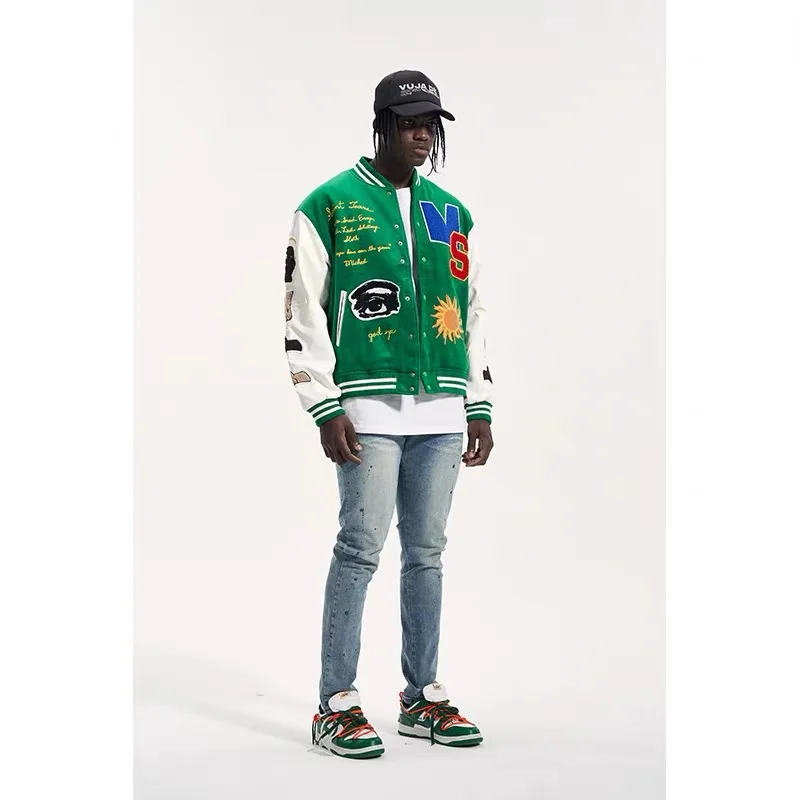 Wholesale custom logo chenille embroidery patch green color leather sleeve male college jacket letterman varsity jackets for men