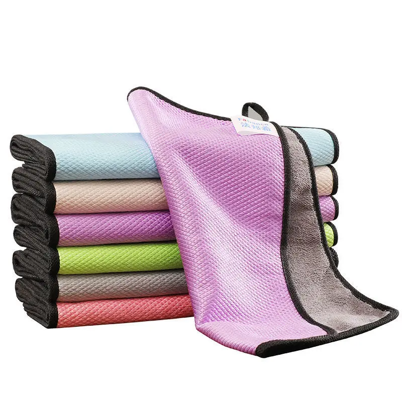 Double Sided Coral Fleece Woven Dishcloth Fish Scale Microfiber Streak-Free Cleaning Cloth Easy Oil-Free Cleaning Nanoscale