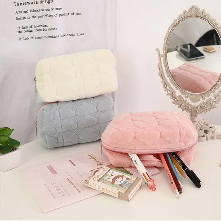 2024 Cute Plush Quilted Terry Cloth Puffy Fuzzy Toiletry Makeup Cosmetic Storage Bag Color Travel Pencil Pouch Coin Purse Case