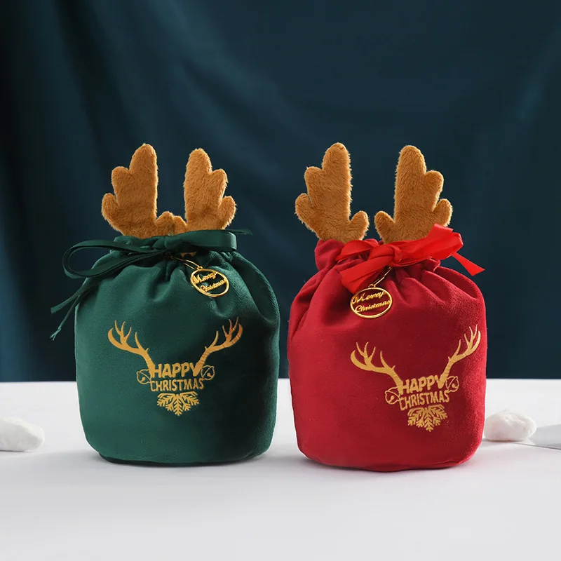 Red Green Luxury Velvet Christmas Gift Bag Velvet Santa Bag Reindeer Velvet Bag