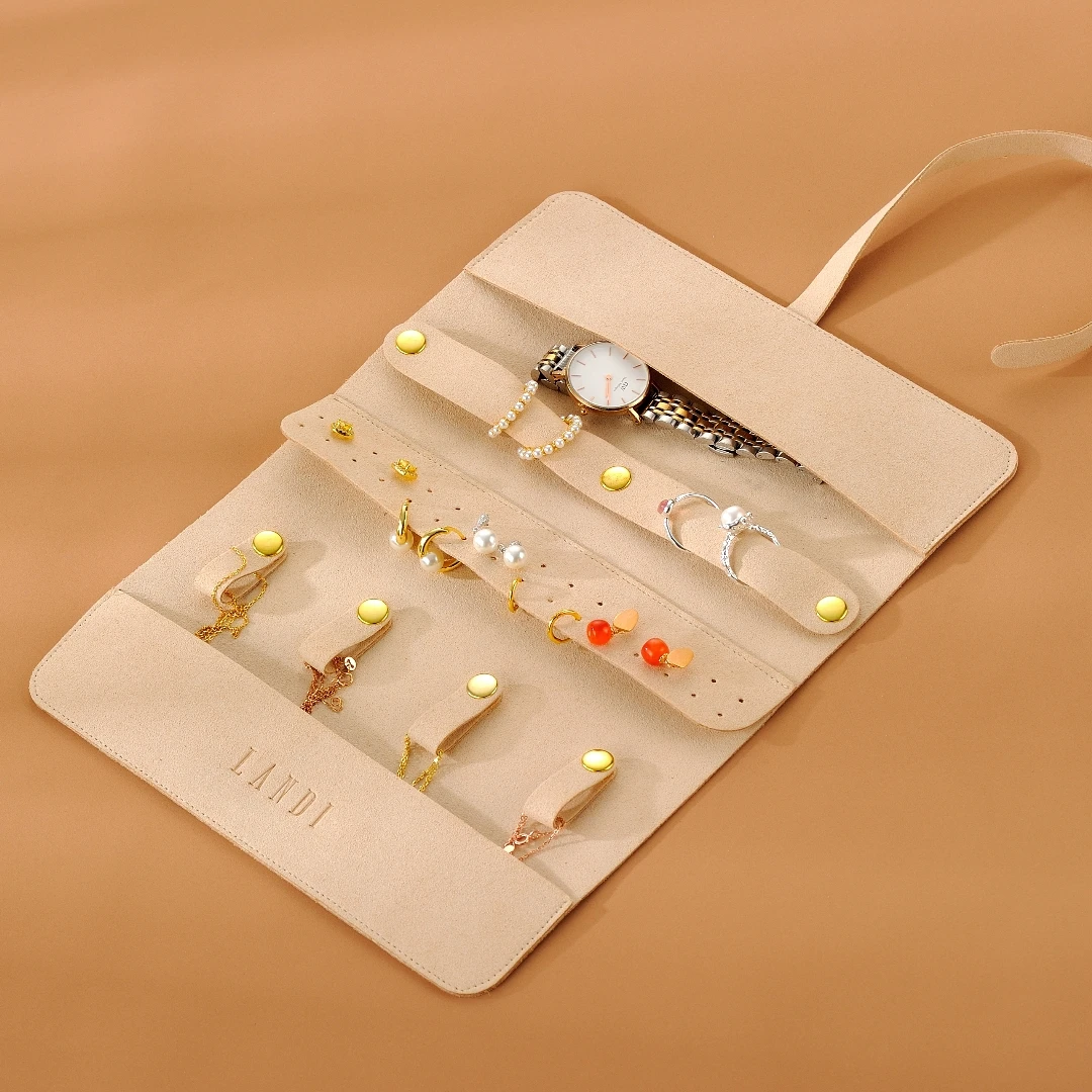 Landi Custom Logo Luxury Jewelry Organizer Roll Up High Quality 1.4mm Microfiber Travel Jewelry Storage Organizer Bag Pouch