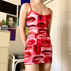 Sexy Spaghetti Strap Eye Printed Bodycon Club Wear Mini Dresses 2021 Women Summer