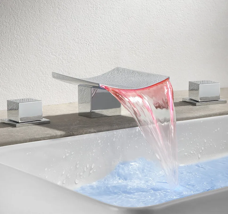 brass LED hydraulic luminous waterfall water outlet basin faucet with cold and hot dual handle and three holes