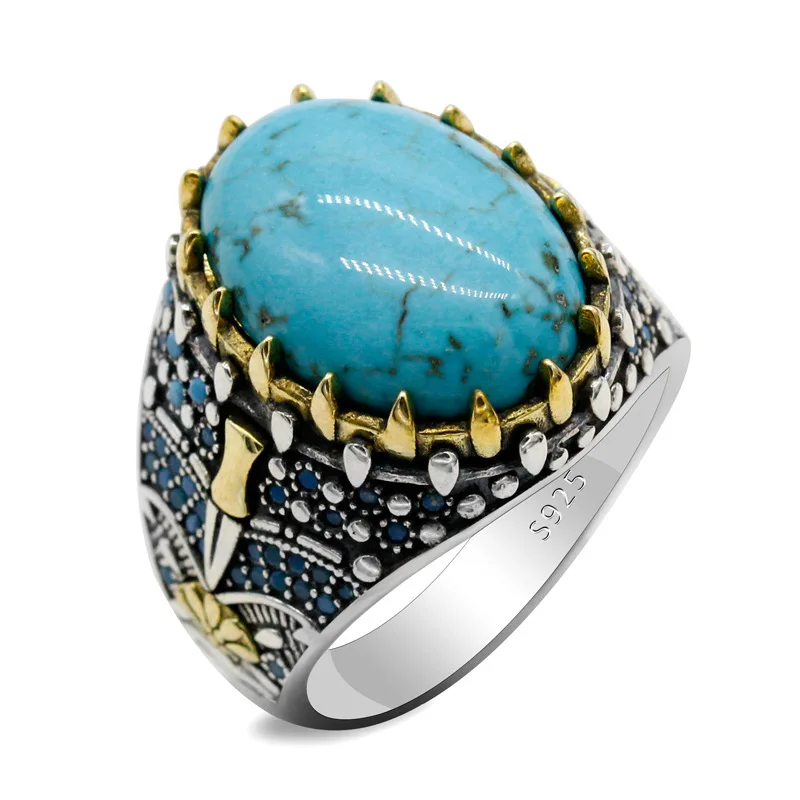2023 Hot New Top Sale Middle East Green Fine Men Turquoise Jewelry 925 Sterling Silver Turkish Rings For Men