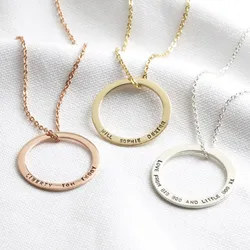AFXSION Personalised Stainless Steel Jewelry Girls Gold Family Hoop Necklace Engraved Name Positive Phrase Word Circle Necklace