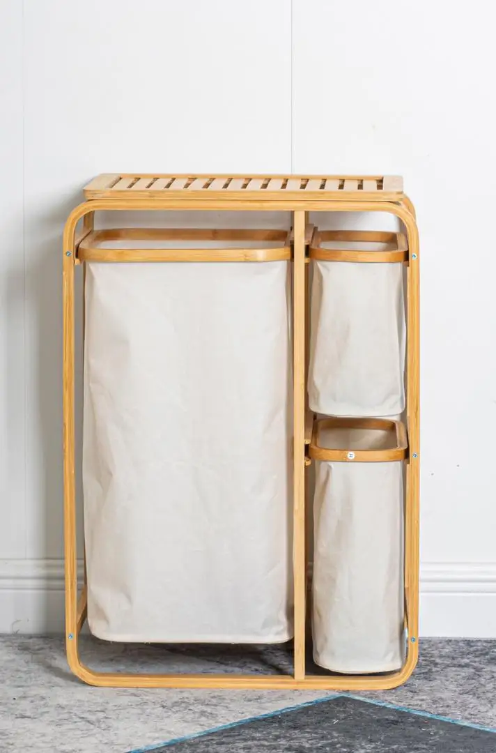 Bamboo Laundry Hamper with 3 Compartment Laundry Cabinet Dirty Clothes Basket with Shelf, Storage Cabinet Laundry Sorter
