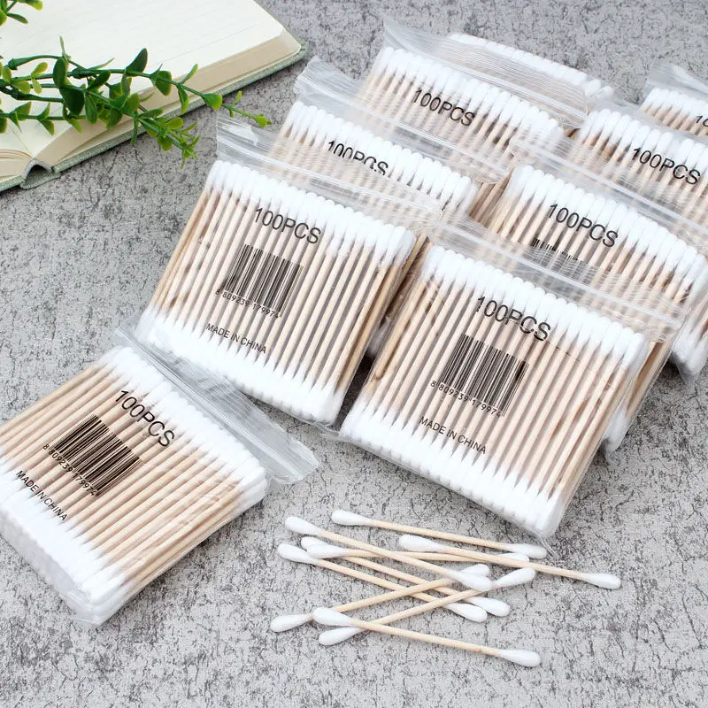 Wholesale Disposable Ear Stick Customized Double Head Cotton Swabs Bamboo Ear Sticks Cotton Ear Buds 100 pieces per bag