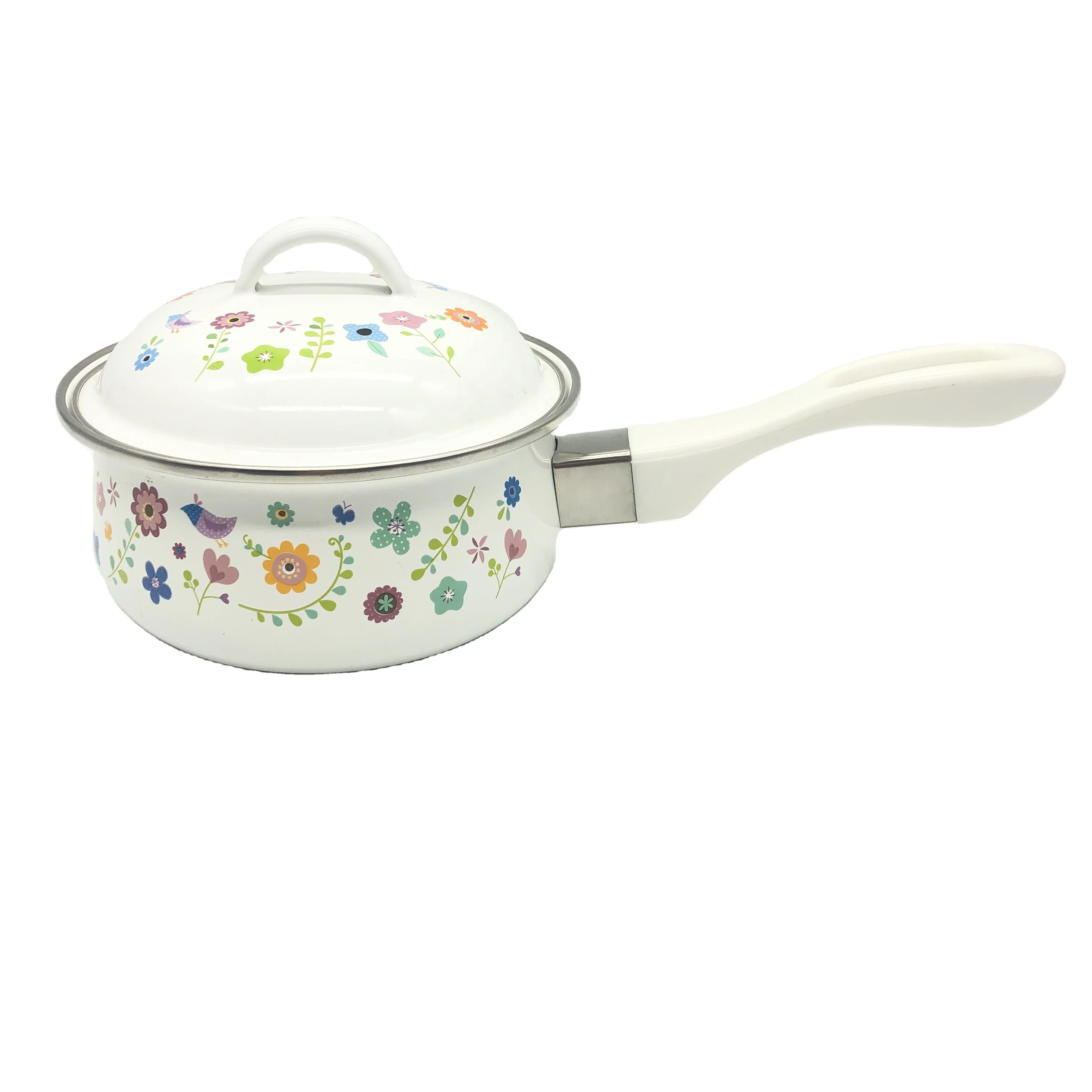 16/18cm 1L 2L Enamel Milk Soup Saucepan Stockpot Pan Bakelite Handle Glass Lid Ollas De Peltre Emaille AVON Full Printing