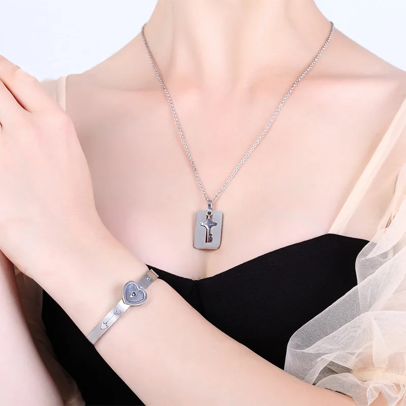 Модные Ювелирные наборы Love Heart Lock для влюбленных браслеты из нержавеющей стали браслеты с подвеской в виде ключа ожерелье пары для влюбленных браслет