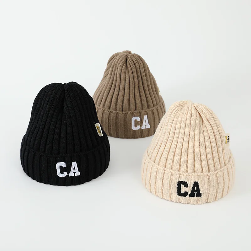 New arrival children embroidery letter cap winter warm 2-6 years kids knitted beanie hat