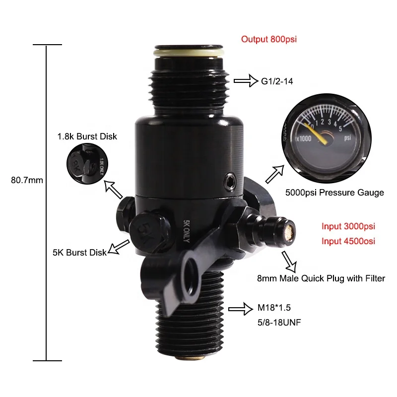 Professional Mini 4500PSI 3000PSI Input and 800psi Output Paintball Airsoft Tank Regulator