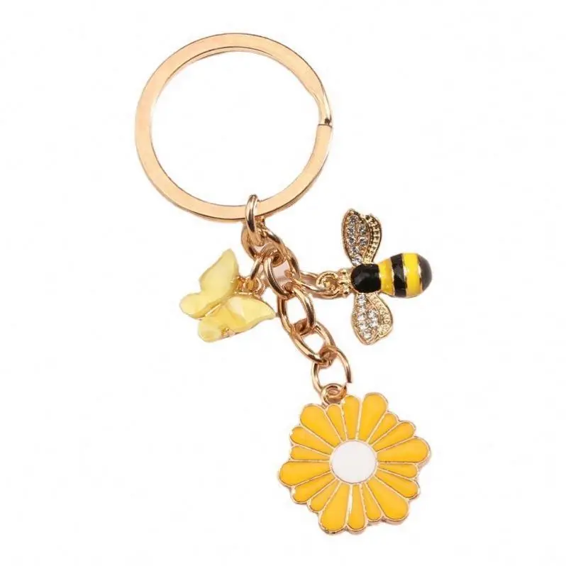 Cute key ring little Bee flowers Dragonfly butterfly Keychain pendant couple insect keyring Bag charm car key Pendant Key chains