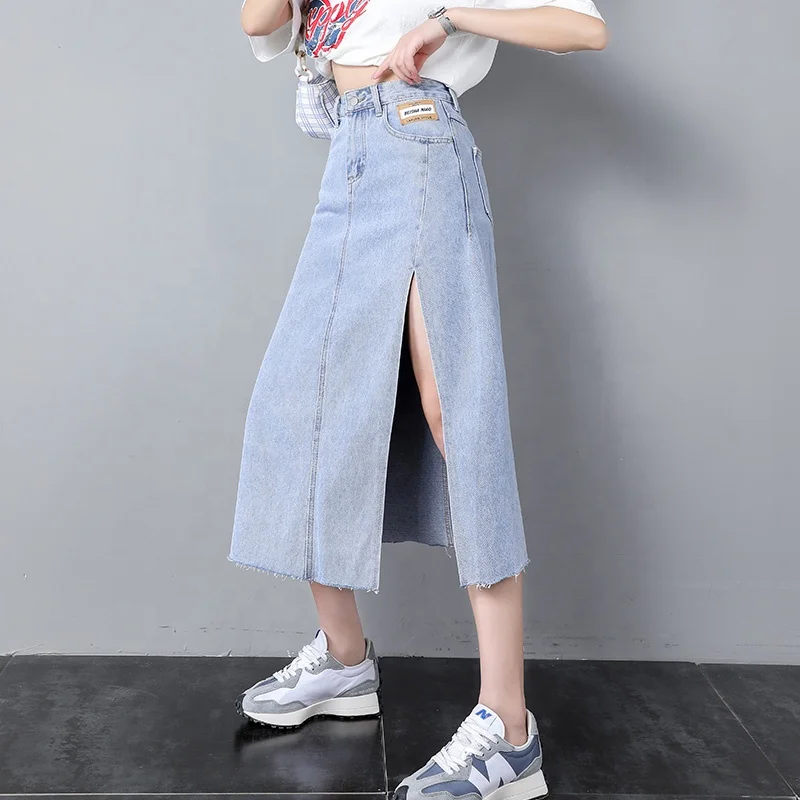 Ins High Waist Side Slit Denim Skirt Wholesale Women Summer Thin Loose A-Line Wild Long Blue Jean Skirts